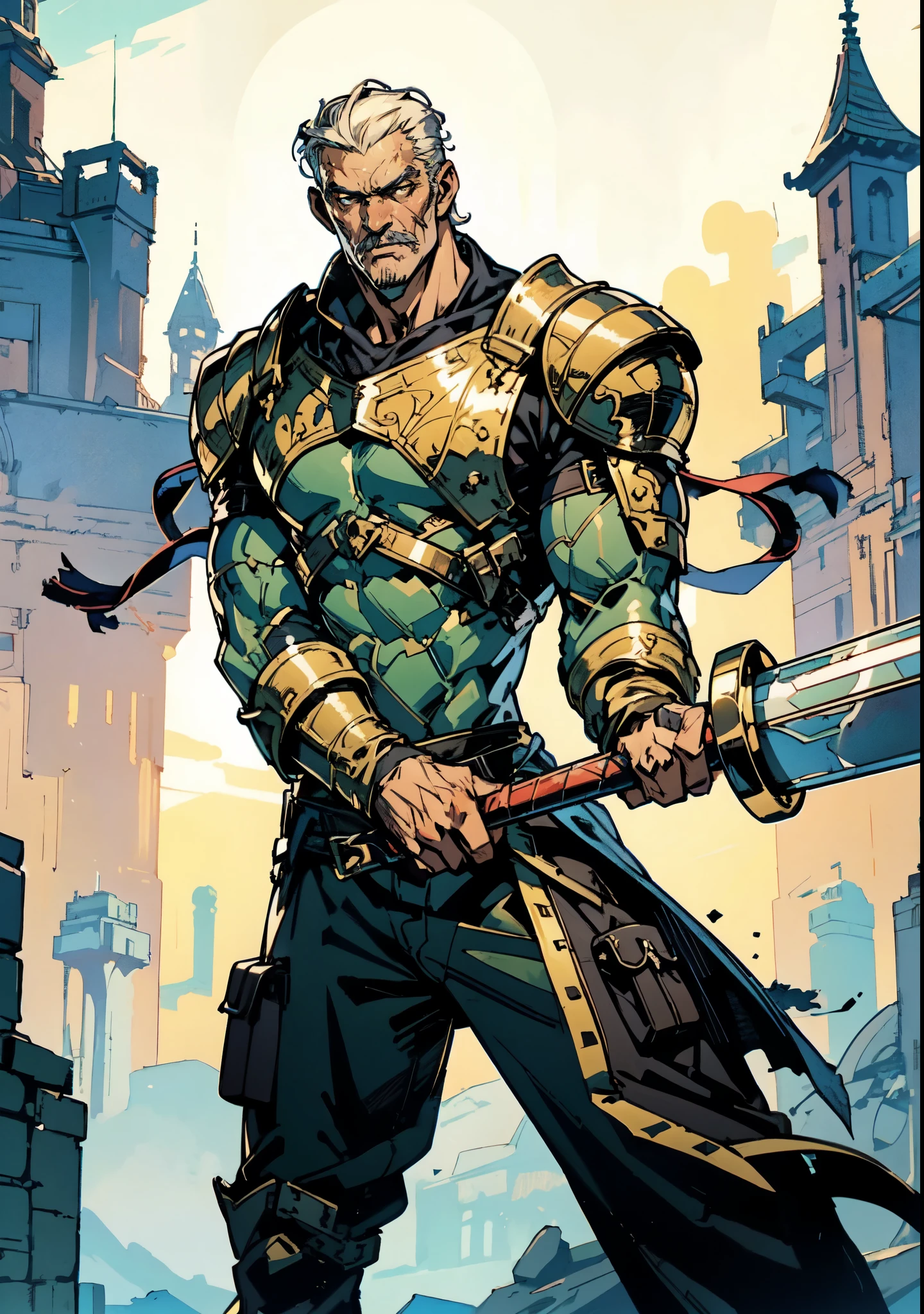 (masterpiece:1.2, best quality, extremely delicate, perspective, foreshortening, dynamic angle), a middle-aged man with slicked-back golden hair, a dignified face, deep eyes, a mustache on his upper lip, a focused expression, tall and muscular, covered in scars, fantasy-reality style warrior leather armor, ribbons tied around his arms, black iron bracers, dark cargo pants, holds a long-handled greatsword with both hands, standing guard in front of a fortress gate, this character embodies a finely crafted fantasy-realist style warrior in anime style, exquisite and mature manga art style, dramatic, high definition, highres, ultra-detailed, ultra-fine painting, professional, perfect body proportions, golden ratio, anatomically correct, symmetrical face, extremely detailed eyes and face, high quality eyes, creativity, RAW photo, UHD, 32k, Natural light, cinematic lighting, masterpiece-anatomy-perfect
