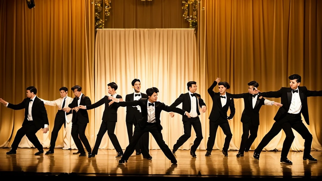 A group of people dressed in formal suits and ties, performing a dance in an indoor setting with a beige curtain backdrop. The scene should capture the movement and energy of the dancers. The environment features tiled flooring, chairs, and musical instruments in the background. Remove any text from the scene.
