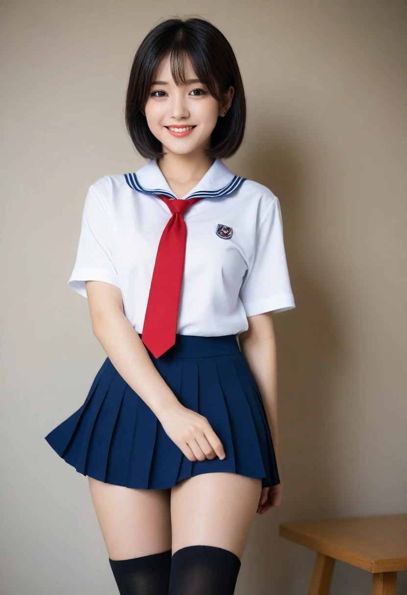 8K, Ultra-high resolution, Highest quality, masterpiece, 三分割法によるphotograph,Surreal, photograph, 1 Girl, (16 years old:1.3), cute女の子, cute顔, Beautiful eyes in every detail, 細かくdetailedに,masterpiece,, One Girl:1.2, Japan Female Announcer,whole body,Bright lighting,One Girl,(cute:1.2),Perfect glowing skin,Perfect Skin,((Sailor suit)),((Short sleeve uniform white shirt)),(Red tie),(Blue mini pleated skirt),(((Roll up the skirt yourself))),(Lifted it himself),(Showing panties),Wearing panties,(Black knee socks),(Loafer shoes), Daytime,,A carefree smile,Heal the heart,Black Hair,Short Bob,Looking at the audience、beauty,Long neck、Laugh a little、Please close your mouth and laugh、(((Ideal body type))),A cup small breasts :2,、Portraiture:2、Perfect Anatomy、鮮明なdetailed、detailed、Surreal、Light and shadow,Strong light