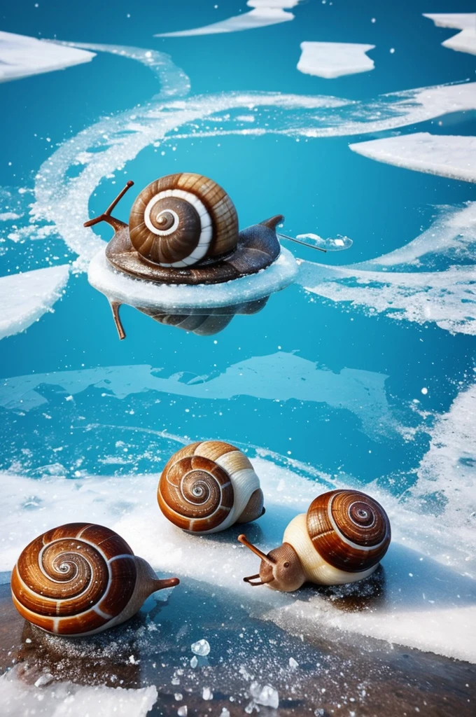 Create an animated image of a snail on ice and make the main colors white, blue and brown