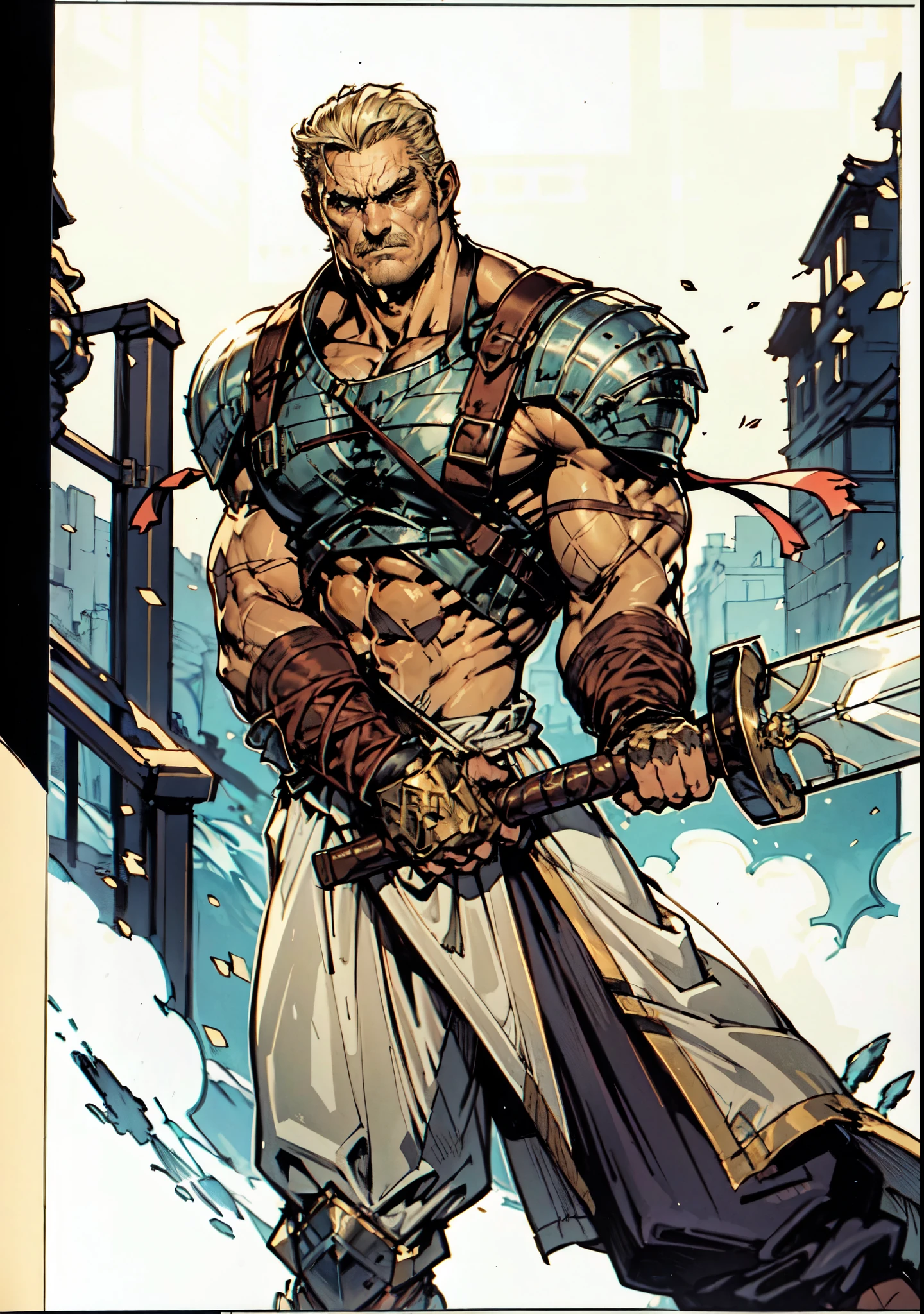 (masterpiece:1.2, best quality, extremely delicate, perspective, foreshortening, dynamic angle), a middle-aged man with slicked-back golden hair, a dignified face, deep eyes, a mustache on his upper lip, a focused expression, tall and muscular, covered in scars, fantasy-reality style warrior leather armor, ribbons tied around his arms, black iron bracers, dark cargo pants, holds a long-handled greatsword with both hands, standing guard in front of a fortress gate, this character embodies a finely crafted fantasy-realist style warrior in anime style, exquisite and mature manga art style, dramatic, high definition, highres, ultra-detailed, ultra-fine painting, professional, perfect body proportions, golden ratio, anatomically correct, symmetrical face, extremely detailed eyes and face, high quality eyes, creativity, RAW photo, UHD, 32k, Natural light, cinematic lighting, masterpiece-anatomy-perfect