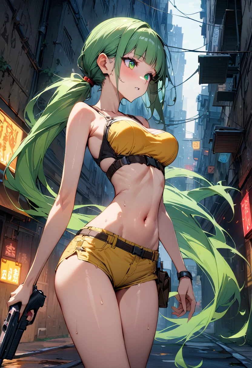 ((masterpiece,Highest quality:1.3)),cowboy shot,1woman,30 year old beauty、Investigator、独奏,(very small head:1.3),green hair,(low ponytail),long hair,blunt bangs,green eyes,gorgeous eyes,medium breasts,(very long body:1.2),(toned body,slender body,skinny),gleaming skin,shiny skin,oily skin,Yellow tube top shirt、navel、Yellow micro shorts、hold a gun in one hand、Run、Tracking、Alley、Metropolis,neon、World of Blade Runner、