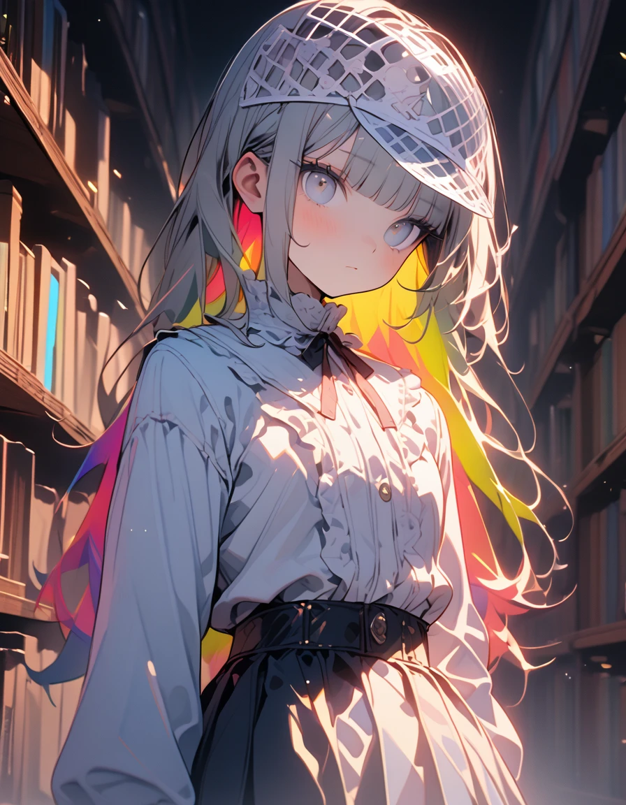 (8K, best quality, master piece: 1.2), super high resolution,1 girl,独奏,17yo,ultra-detailed face,detailed eyes,(silver eyes),blunt bangs,((rainbow hair)),Straight Hair,Long Hair,long sleeve petal collar blouse,white Fascinator,****ta Fashion,expressionless,lash extension,Small mouth,Behind her is a bookshelf,Cowboy Shot,Rim Light,library