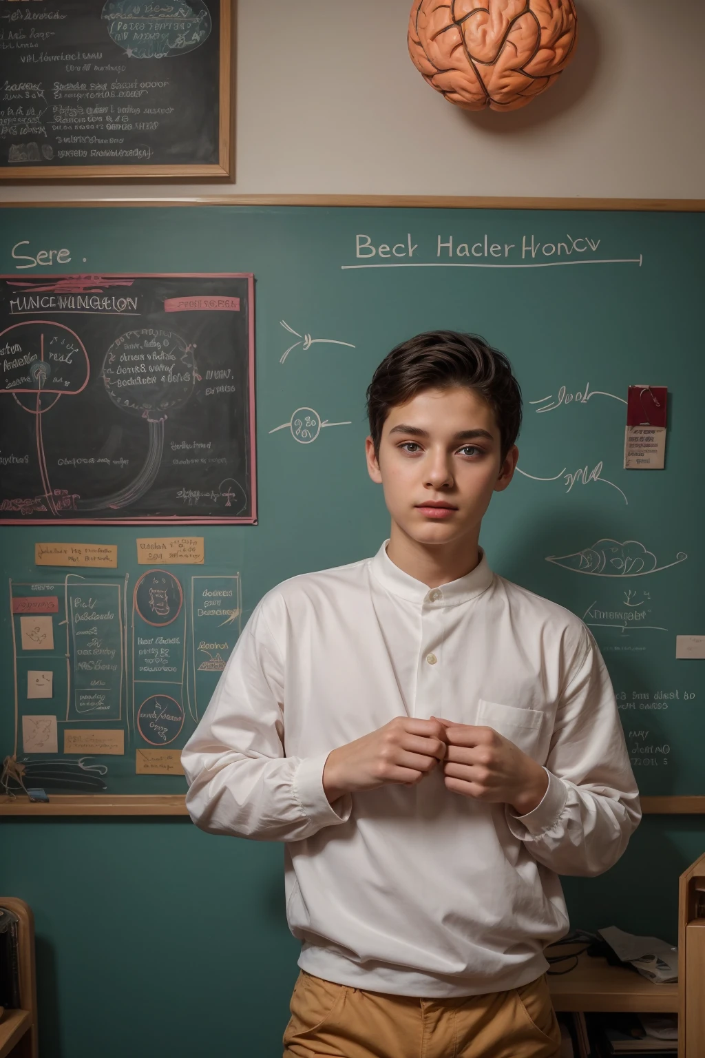 A beautiful young male twink, cute, with black hair and a face with reddish makeup, wearing a bright white long-sleeved shirt and aqua blue pants, and he is in his office, and behind him is a blackboard on which is written the shape of the brain and its anatomy, and nuclear energy comes out of it, and he has an innocent face with makeup.  And red cheeks.