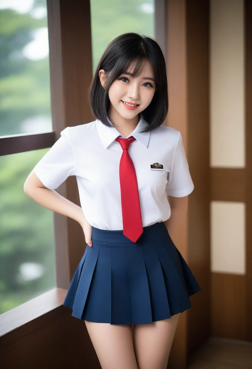 8K, Ultra-high resolution, Highest quality, masterpiece, 三分割法によるphotograph,Surreal, photograph, 1 Girl, (16 years old:1.3), cute女の子, cute顔, Beautiful eyes in every detail, 細かくdetailedに,masterpiece,, One Girl:1.2, Japan Female Announcer,whole body,Bright lighting,One Girl,(cute:1.2),Perfect glowing skin,Perfect Skin,((Sailor suit)),((Short sleeve uniform white shirt)),(Red tie),(Blue mini pleated skirt),(((Roll up the skirt yourself))),(Lifted it himself),(Showing panties),Wearing panties,(Black knee socks),(Loafer shoes), Daytime,,A carefree smile,Heal the heart,Black Hair,Short Bob,Looking at the audience、beauty,Long neck、Laugh a little、Please close your mouth and laugh、(((Ideal body type))),A cup small breasts :2,、Portraiture:2、Perfect Anatomy、鮮明なdetailed、detailed、Surreal、Light and shadow,Strong light 