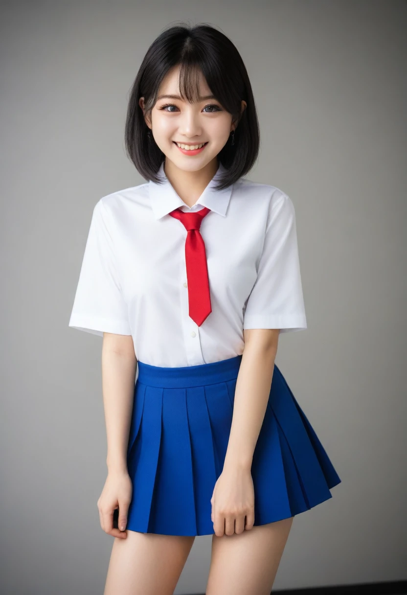 8K, Ultra-high resolution, Highest quality, masterpiece, 三分割法によるphotograph,Surreal, photograph, 1 Girl, (16 years old:1.3), cute女の子, cute顔, Beautiful eyes in every detail, 細かくdetailedに,masterpiece,, One Girl:1.2, Japan Female Announcer,whole body,Bright lighting,One Girl,(cute:1.2),Perfect glowing skin,Perfect Skin,((Sailor suit)),((Short sleeve uniform white shirt)),(Red tie),(Blue mini pleated skirt),(((Roll up the skirt yourself))),(Lifted it himself),(Showing panties),Wearing panties,(Black knee socks),(Loafer shoes), Daytime,,A carefree smile,Heal the heart,Black Hair,Short Bob,Looking at the audience、beauty,Long neck、Laugh a little、Please close your mouth and laugh、(((Ideal body type))),A cup small breasts :2,、Portraiture:2、Perfect Anatomy、鮮明なdetailed、detailed、Surreal、Light and shadow,Strong light