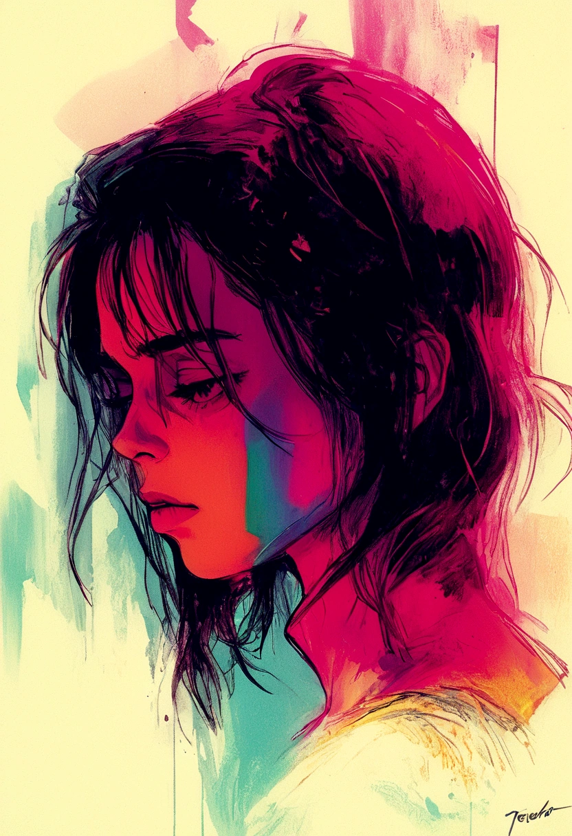 Twin Peaks, Shelley, unseen overwhelming maximal sorrow, VHS, glitch, distorted, nostalgia, 90's retro vibes, analog tape, vcr aesthetics, tv, television, hand drawn, (full roygbiv color) ink charcoal expressive illustration, no light source, darkness, light mask uv rays across face,