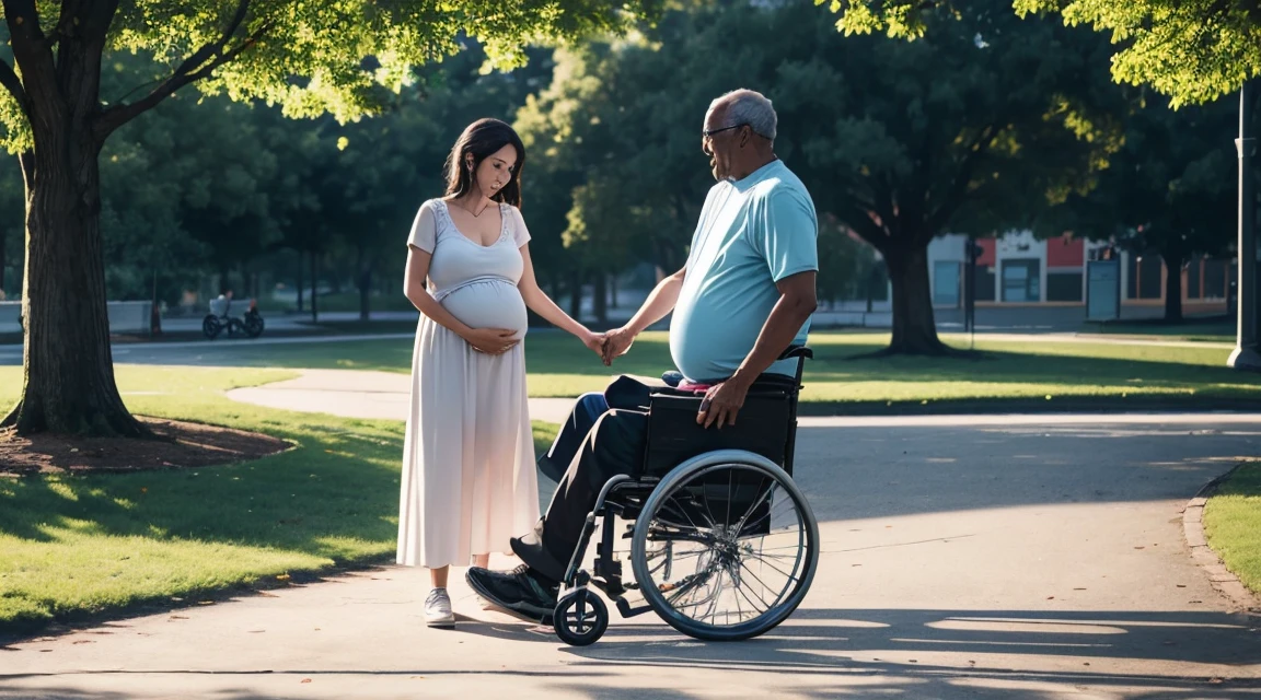 "Write a short story about a 25-year-old pregnant woman who encounters a 60-year-old man in a wheelchair at a park. Describe how their interaction evolves from a simple act of assistance into a meaningful friendship, highlighting the challenges and joys they experience together."