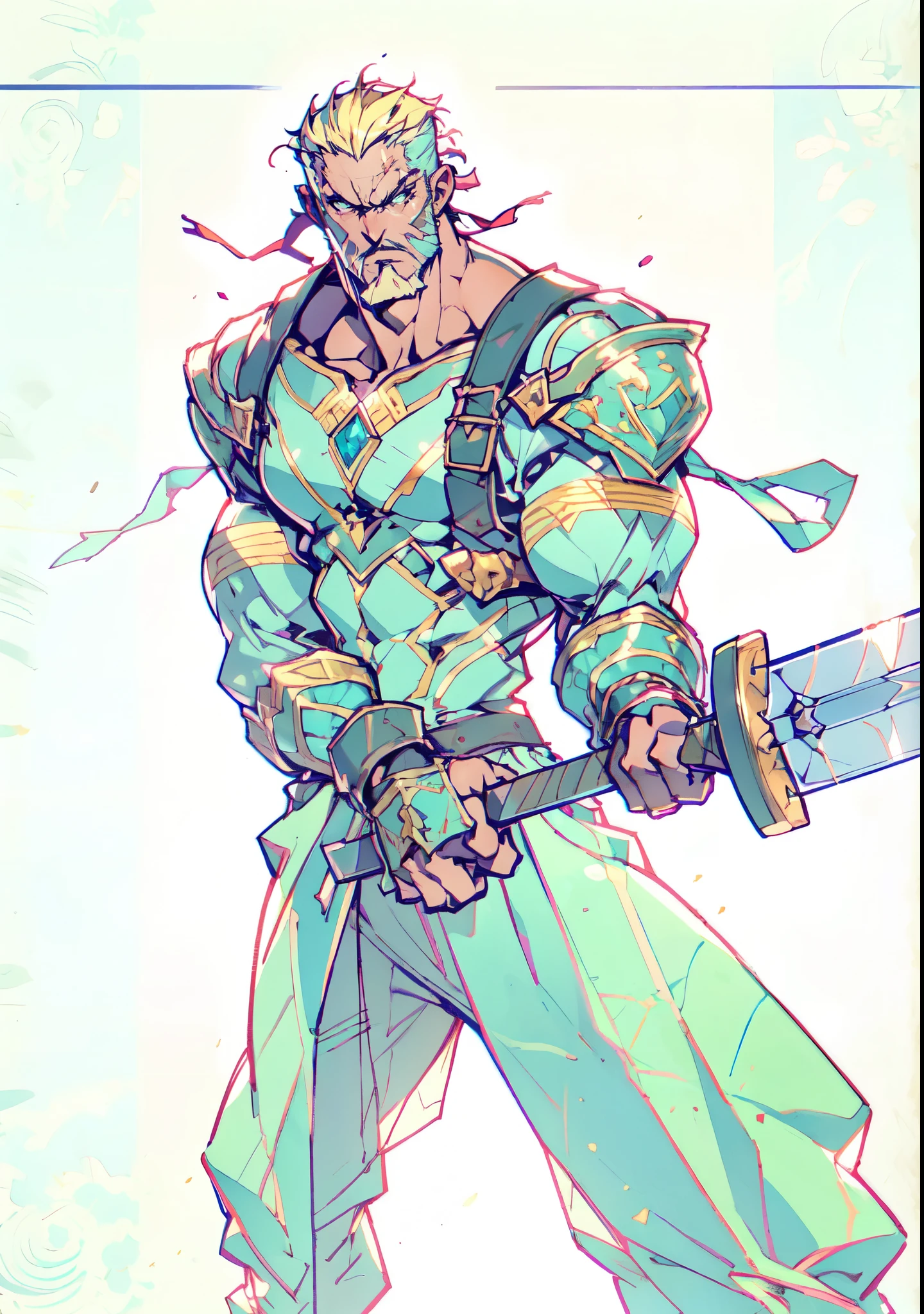 (masterpiece:1.2, best quality, extremely delicate, perspective, foreshortening, dynamic angle), a middle-aged man with slicked-back golden hair, a dignified face, deep eyes, a mustache on his upper lip, a focused expression, tall and muscular, covered in scars, fantasy-reality style warrior leather armor, ribbons tied around his arms, black iron bracers, dark cargo pants, holds a long-handled greatsword with both hands, standing guard in front of a fortress gate, this character embodies a finely crafted fantasy-realist style warrior in anime style, exquisite and mature manga art style, dramatic, high definition, highres, ultra-detailed, ultra-fine painting, professional, perfect body proportions, golden ratio, anatomically correct, symmetrical face, extremely detailed eyes and face, high quality eyes, creativity, RAW photo, UHD, 32k, Natural light, cinematic lighting, masterpiece-anatomy-perfect