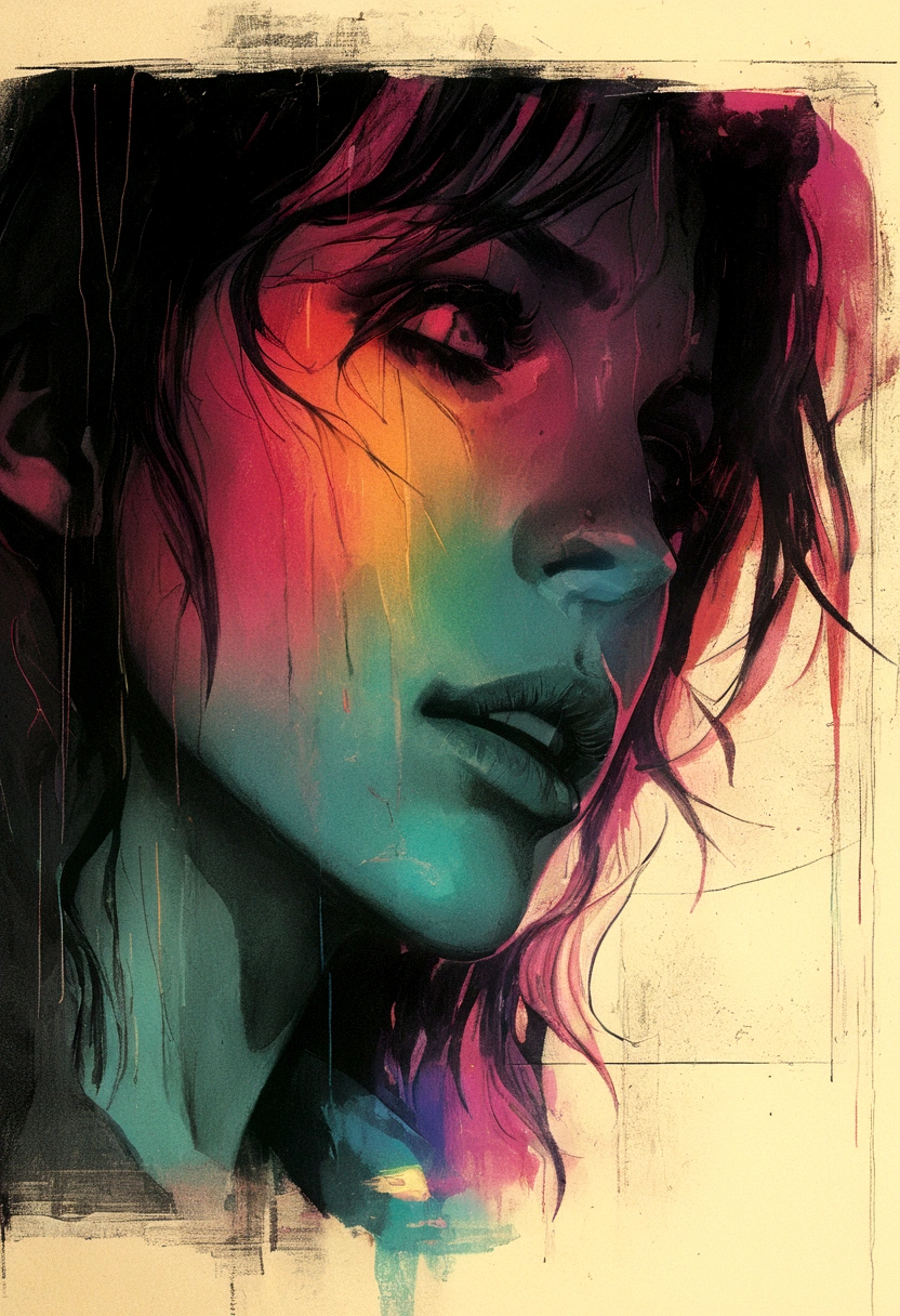 Twin Peaks, Shelley, unseen overwhelming maximal sorrow, VHS, glitch, distorted, nostalgia, 90's retro vibes, analog tape, vcr aesthetics, tv, television, hand drawn, (full roygbiv color) ink charcoal expressive illustration, no light source, darkness, light mask uv rays across face,