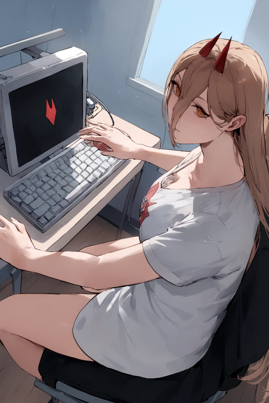 A Power,sitting on a chair,playing on a PC,wearing a shirt with the name Harl.