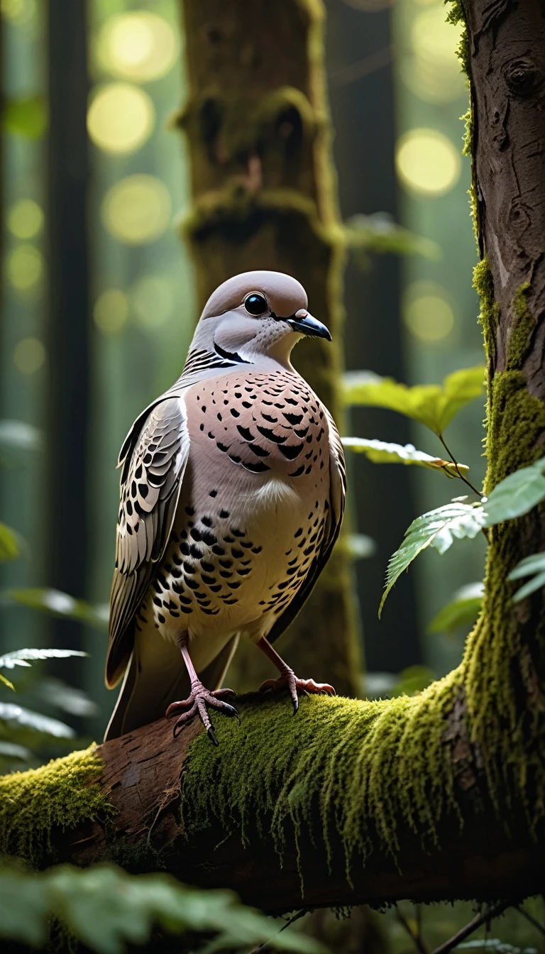Mysterious creatures in the woods, There is a kind of bird,Looks like a turtledove(best quality, 4K, 8K, High-rise, masterpiece: 1.2), Ultrafine, (Practical, photo Practical, photo Practical: 1.37), Detailed Animals, complex pattern, Dramatic Lighting, Fantasy Creatures