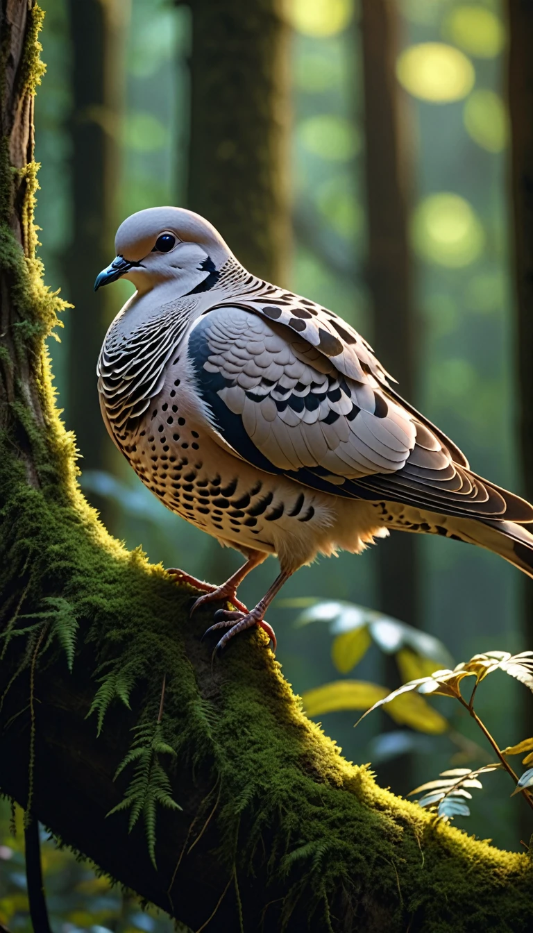 Mysterious creatures in the woods, There is a kind of bird,Looks like a turtledove(best quality, 4K, 8K, High-rise, masterpiece: 1.2), Ultrafine, (Practical, photo Practical, photo Practical: 1.37), Detailed Animals, complex pattern, Dramatic Lighting, Fantasy Creatures