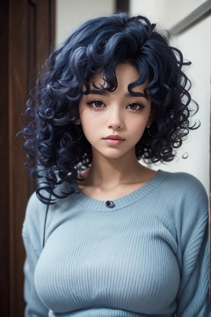 A woman with curly blue hair