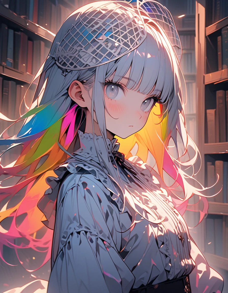 (8K, best quality, master piece: 1.2), super high resolution,1 girl,独奏,yo,ultra-detailed face,detailed eyes,silver eyes,blunt bangs,((rainbow hair)),Straight Hair,Long Hair,long sleeve petal collar blouse,white Fascinator,Lolita Fashion,expressionless,lash extension,Small mouth,Behind her is a bookshelf,Cowboy Shot,Rim Light,library