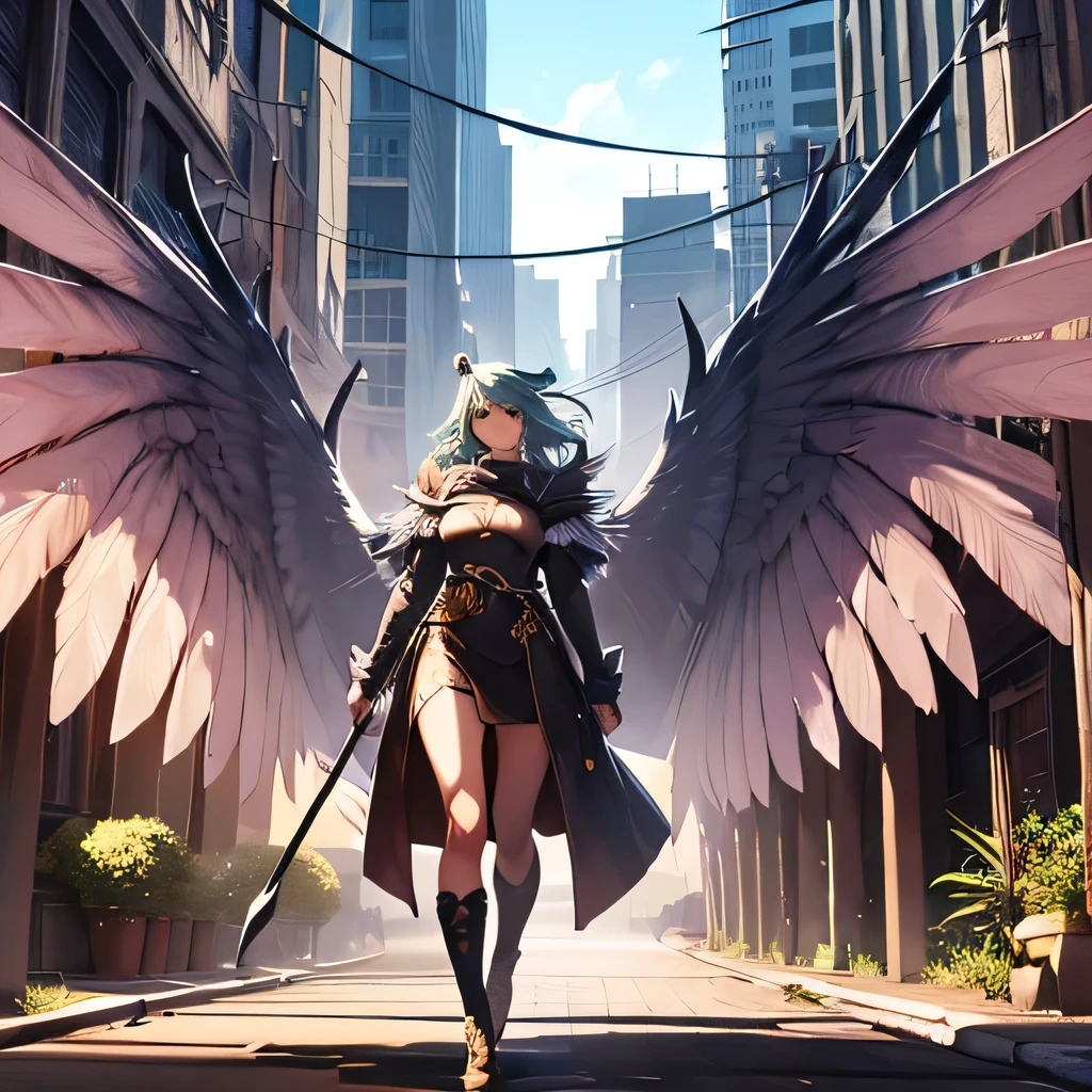 a harpy with wings for arms, green hair, green feathers, standing in front of a traffic map on a mews channel, detailed and realistic, cinematic lighting, atmospheric, highly detailed, masterpiece, photorealistic, vibrant colors, 8k, sharp focus, professionally painted, concept art style