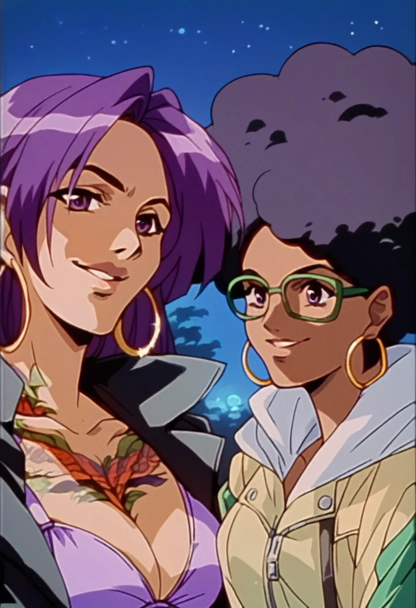 beautyful brown woman, brown skin, black skin, huge full afro purple hair, black lipistick, full lips, purple bra, purple eyes, black motorcyclist jacket, hoop earring, green glasses, dragon tattoo, night, smile, encorped body