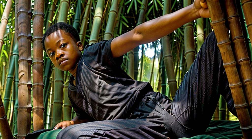 Image of a black teenager, 12 years old - wearing a dark gray blouse, short curly hair - long pants, straw sandals - getting up from a bed made of straw - bamboo leaves - wakes up scared, looking through the cracks in the bamboo grove, image of the bamboo grove - Image of him getting up - wakes up early in the morning -