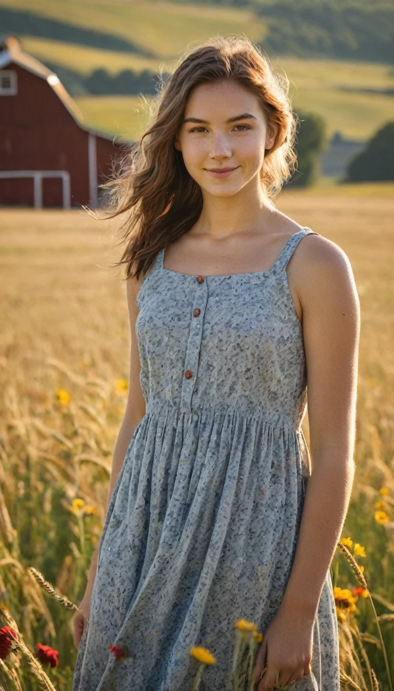 A wholesome portrait of an 18-year-old girl in a rural setting, natural light, soft focus, delicate features, real skin texture, beautiful hands, perfect proportions, wearing a modest sundress, surrounded by elements of country life such as a wooden fence, hay bales, and a red barn in the background, rolling hills and golden wheat fields in the distance, warm color palette inspired by Norman Rockwell, composition following the rule of thirds, shallow depth of field, shot with a Canon EOS R5 and 85mm f/1.2 lens, golden hour lighting, gentle smile, windswept hair, farm animals like chickens or a friendly dog nearby, wildflowers in the foreground, clear blue sky with wispy clouds, pastoral atmosphere, capturing the essence of rural simplicity and youth