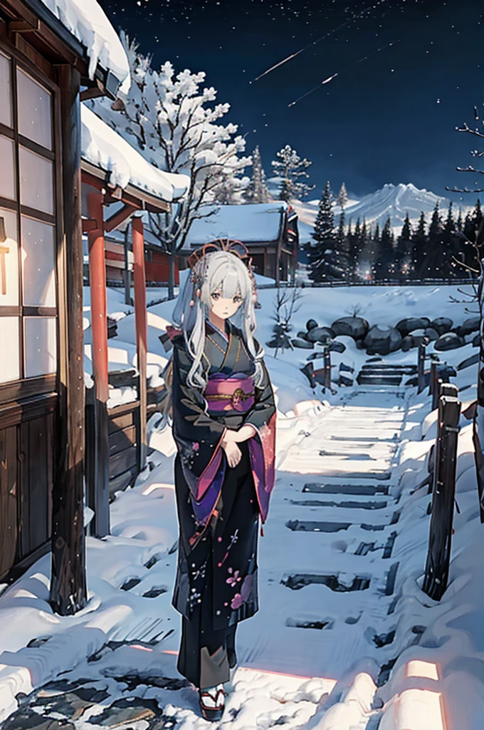 scenery, tree, shrine, outdoors, shimenawa, real world location, rope, east asian architecture, architecture, traditional media, day, building, shide,(Japanese Architecture:1.3), （Cornices：1.3）, Japanese Shrines, （Torii：1.2）, Wooden Pillars, Unreal Engine, Realistic, Detailed Rendering, Volumetric Lighting, Octane Rendering, Focus, Tyndall Effect, HD, Photography Style, Masterpiece, Perfect Work, Masterpiece, Award-winning work, intricately detailed，（The characters only take up 1/5 of the screen），1girl, japanese clothes, kimono, snow, outdoors, solo, black hair, tree, hair ornament, sash, shrine, floral print, sky, torii, looking at viewer, stone lantern, obi, night, winter, wide sleeves, snowing, architecture, flower, east asian architecture, standing, bangs, long sleeves, black kimono, hair flower, closed mouth, bare tree, stairs, sidelocks, lantern, scenery, long hair, print kimono，best quality, super detailed, masterpiece, illustration, (clear background), (detailed light), lighting, (clear sky), night, stars, starry sky, moonlight, water droplets with clear detail:, ripple: 1.1, ake: 1.1, colorful aurora,Dynamic, floating, luminous, League of Legends original painting, (wide-angle viewing angle: 5, )Highest detail, girl of the gods, Japanese shrine maiden, （walking slowly on the water：1.5）, lights emanating from the house, (high contrast),(lam_style, colorful_hair),((masterpiece)), (realistic), (3d face:1.2), (solo:1.2), (original), (very detailed wallpaper), photographic reality, very detailed illustrations, (super intricate details), perfect detail Features, Perfect Detail, (Super Intricate Detail), Panorama,, (Cybernetically Enhanced), (Glowing Eyes), (Snow: 1.2), (Otherworldly: 1.5), (Candlelight: 1.2),, (Wood structure:1.2), (smooth:1.2), (night:1.2), (mystery:1.2), (hover:1.2), (float:1.2), (hover:1.2), (torii:1.2), ( Surreal: 1.2), (Fantasy: 1.2), (Radiation: 1.2), (Sparkle: 1.2), (Blink: 1.2), (Glow: 1.2), (Glow Pattern: 1.2),