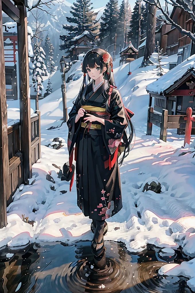 scenery, tree, shrine, outdoors, shimenawa, real world location, rope, east asian architecture, architecture, traditional media, day, building, shide,(Japanese Architecture:1.3), (Cornices:1.3), Japanese Shrines, (Torii:1.2), Wooden Pillars, Unreal Engine, Realistic, Detailed Rendering, Volumetric Lighting, Octane Rendering, Focus, Tyndall Effect, HD, Photography Style, Masterpiece, Perfect Work, Masterpiece, Award-winning work, intricately detailed,(The characters only take up 1/5 of the screen),1girl, japanese clothes, kimono, snow, outdoors, solo, black hair, tree, hair ornament, sash, shrine, floral print, sky, torii, looking at viewer, stone lantern, obi, night, winter, wide sleeves, snowing, architecture, flower, east asian architecture, standing, bangs, long sleeves, black kimono, hair flower, closed mouth, bare tree, stairs, sidelocks, lantern, scenery, long hair, print kimono,best quality, super detailed, masterpiece, illustration, (clear background), (detailed light), lighting, (clear sky), night, stars, starry sky, moonlight, water droplets with clear detail:, ripple: 1.1, ake: 1.1, colorful aurora,Dynamic, floating, luminous, League of Legends original painting, (wide-angle viewing angle: 5, )Highest detail, girl of the gods, Japanese shrine maiden, (walking slowly on the water:1.5), lights emanating from the house, (high contrast),(lam_style, colorful_hair),((masterpiece)), (realistic), (3d face:1.2), (solo:1.2), (original), (very detailed wallpaper), photographic reality, very detailed illustrations, (super intricate details), perfect detail Features, Perfect Detail, (Super Intricate Detail), Panorama,, (Cybernetically Enhanced), (Glowing Eyes), (Snow: 1.2), (Otherworldly: 1.5), (Candlelight: 1.2),, (Wood structure:1.2), (smooth:1.2), (night:1.2), (mystery:1.2), (hover:1.2), (float:1.2), (hover:1.2), (torii:1.2), ( Surreal: 1.2), (Fantasy: 1.2), (Radiation: 1.2), (Sparkle: 1.2), (Blink: 1.2), (Glow: 1.2), (Glow Pattern: 1.2),