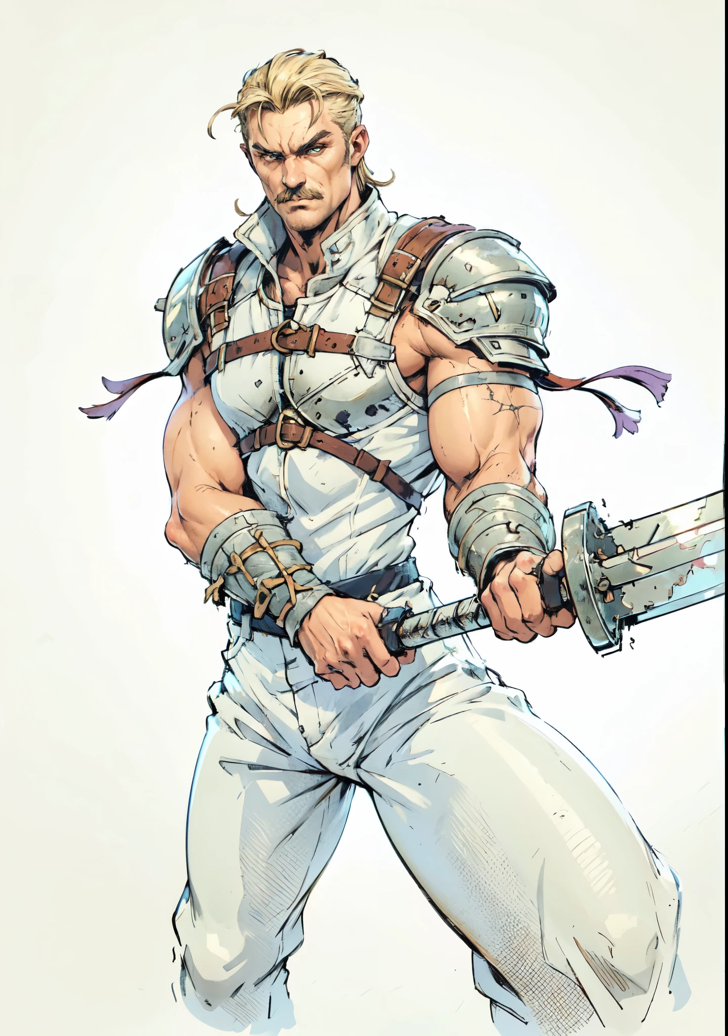 (masterpiece:1.2, best quality, extremely delicate, perspective, foreshortening, dynamic angle), a middle-aged man with slicked-back golden hair, a dignified face, deep eyes, a mustache on his upper lip, a focused expression, tall and muscular, covered in scars, fantasy-reality style warrior leather armor, ribbons tied around his arms, black iron bracers, dark cargo pants, holds a long-handled greatsword with both hands, standing guard in front of a fortress gate, this character embodies a finely crafted fantasy-realist style warrior in anime style, exquisite and mature manga art style, dramatic, high definition, highres, ultra-detailed, ultra-fine painting, professional, perfect body proportions, golden ratio, anatomically correct, symmetrical face, extremely detailed eyes and face, high quality eyes, creativity, RAW photo, UHD, 32k, Natural light, cinematic lighting, masterpiece-anatomy-perfect