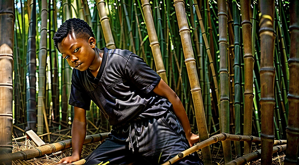 Image of a black teenager, s old - wearing a dark gray blouse, short curly hair - long pants, straw sandals - getting up from a bed made of straw - bamboo leaves - wakes up scared, looking through the cracks in the bamboo grove, image of the bamboo grove - Image of him getting up - wakes up early in the morning -