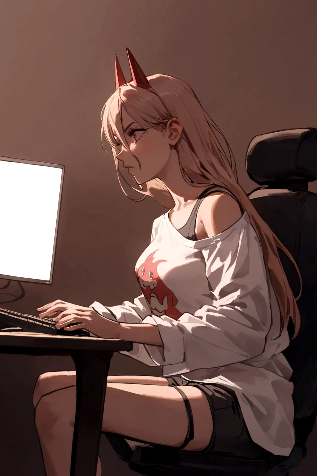 A Power,sitting on a chair,playing on a PC,wearing a shirt with the name Harl.