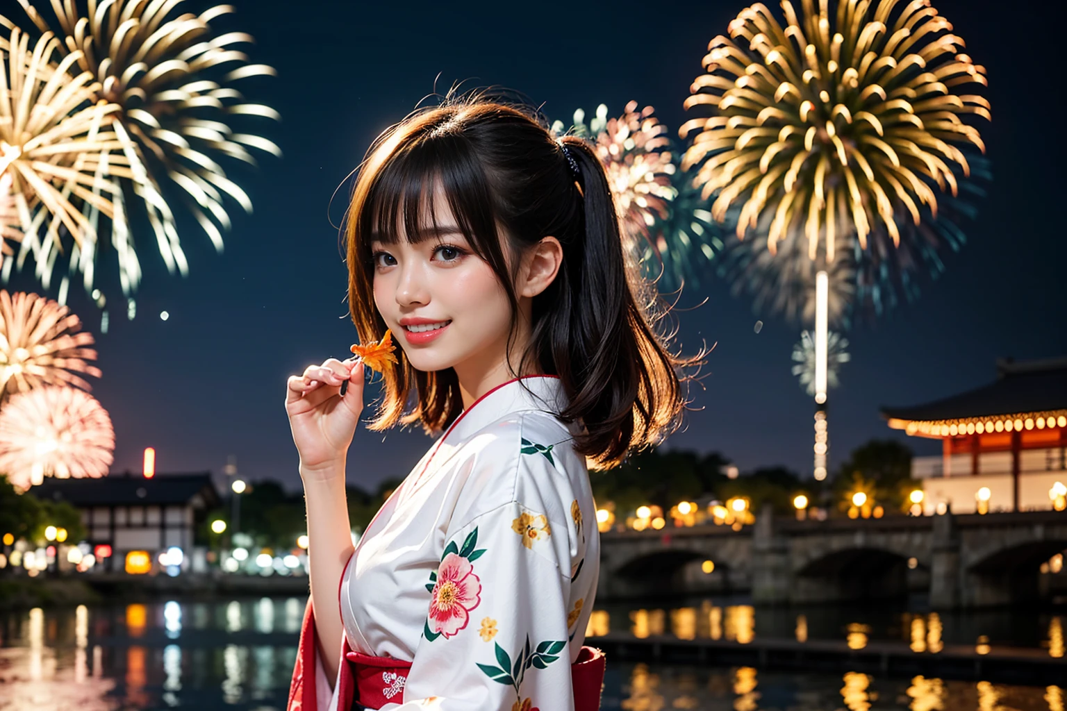 A woman, having fun, smiling, with pink silky hair, hair fluttering in the wind, wearing a Japanese kimono with a goldfish pattern, in the background a large fireworks display, a riverbank, a slightly blurred crowd a little away from the surroundings. High resolution, HDR, high quality. The summary is that she is having fun at the fireworks festival.