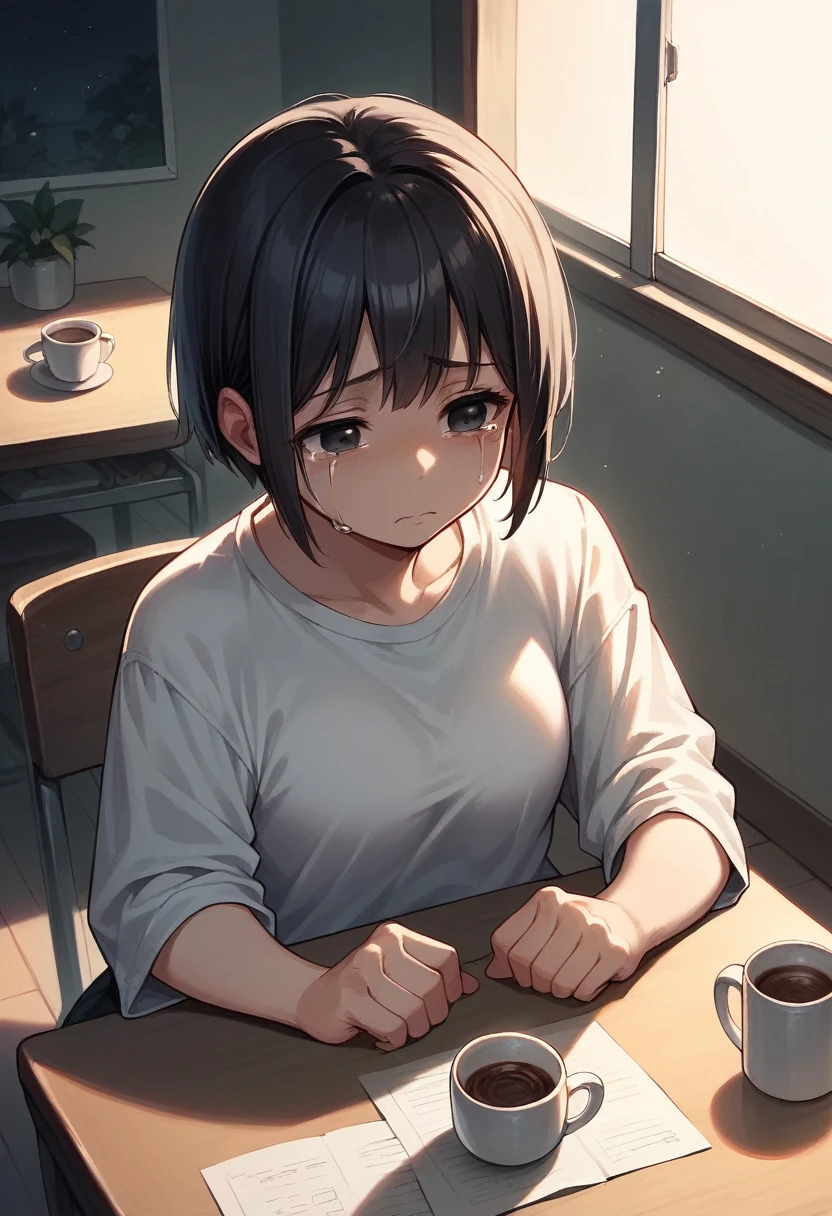 detailed illustration, dynamic angle, ultra-detailed, illustration, 1girl, short black hair, black eyes, sitting at dining room table, night, coffee on table, sad, crying, empty hands