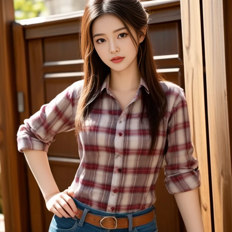 Close-up of woman wearing shirt and jeans., Kawaii shirt and jeans, plaid shirt, wearing a plaid shirt, Put on a shirt, Casual wear, Long sleeve shirt with buttons, wearing Casual wear หญิงอาราฟเฟ่, beautiful, very beautiful woman, Attractive and beautiful, sexy girl, Asian girl, beautiful female model, jaw-dropping beauty, Attractive face and body, Movie goddess body shot, Goddess Filming, Asian girlที่beautifulงาม, asian woman, นักรบหญิงที่beautifulงาม,