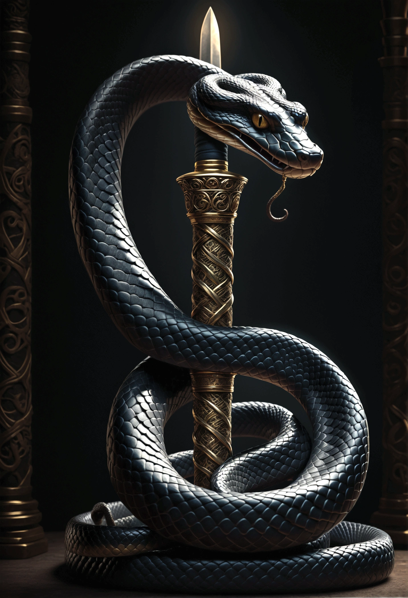 a highly detailed religious symbol, a coiled snake wrapped around a venomous dagger, intricate ornate design, dramatic lighting, dark mysterious atmosphere, chiaroscuro lighting, gothic, moody, cinematic, somber color palette, dramatic shadows, hyper realistic, cinematic lighting, photorealistic, award winning digital art, masterpiece