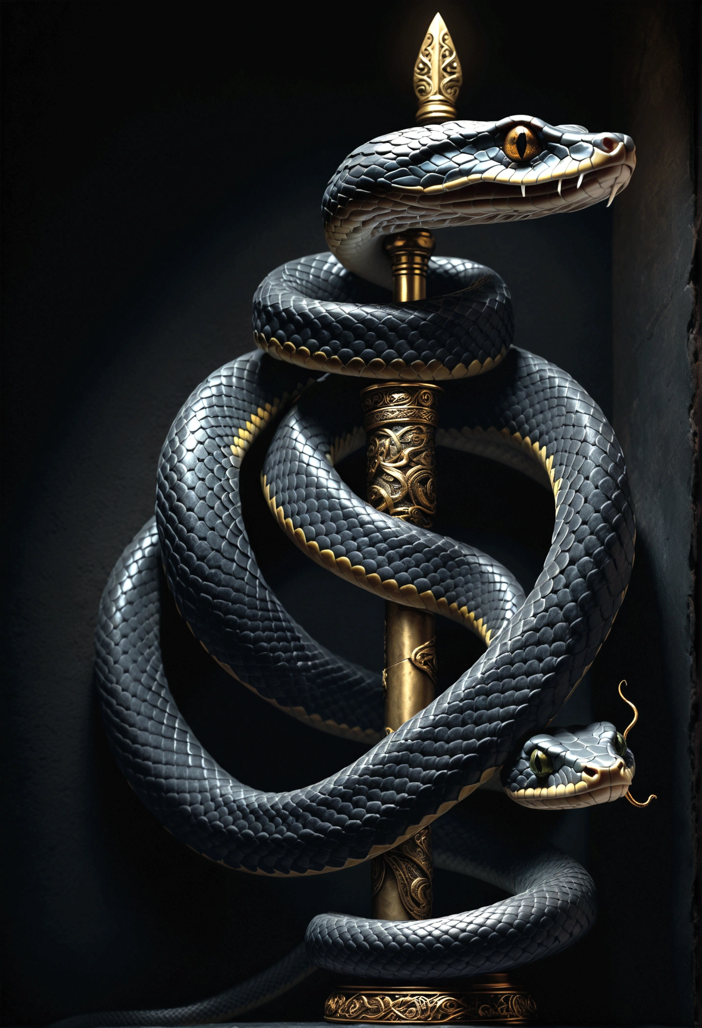 a highly detailed religious symbol, a coiled snake wrapped around a venomous dagger, intricate ornate design, dramatic lighting, dark mysterious atmosphere, chiaroscuro lighting, gothic, moody, cinematic, somber color palette, dramatic shadows, hyper realistic, cinematic lighting, photorealistic, award winning digital art, masterpiece