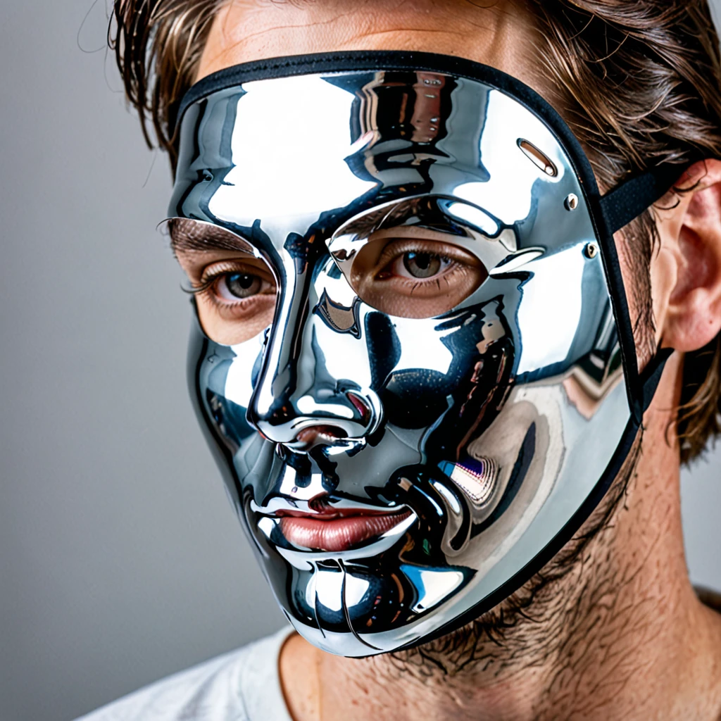 close-up of a man wearing a mirror reflective shiny mask with the person's reflection, picture, inspired by Clark Voorhees, instagram, serial art, Jason voorhees, slasher smile, Horror Slasher Movie, hockey mask, Jason, The Face of Horror, Horror style, Crystal Lake, Обои HQ 4K, Horror movie characters, horror atmosphere, horror wallpaper aesthetics