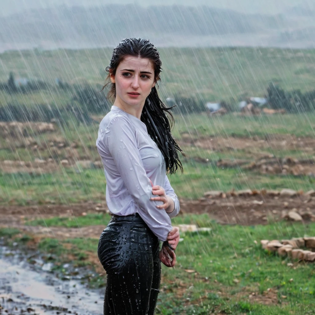 Ponytail hair Pale skin kurdish girl standing in country raining