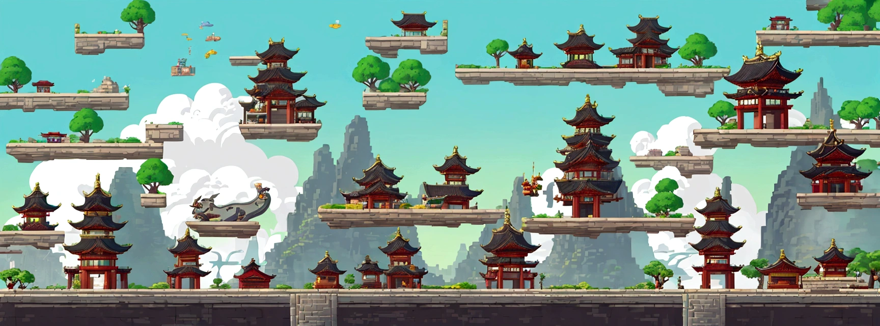 a screenshot of a pixel city with a lot of buildings, side - scrolling 2 d platformer, 2d side scrolling game, 2 d game environment design, plataform 2 d game, floating lands in-clouds, temple background, zen temple background, videogame background, ancient city landscape, chinese village, 2 d platformer, 2 d game assets