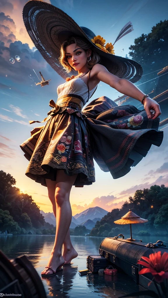 There's a suitcase with a straw hat on top, clouds, atmosphere, Sheets, chrysanthemums floating in the air, paper airplanes, (miniatures: 1.2), 2.5 d illustration, 3D rendering, 3 d modeling, bubble matte, trend in 3d art behans, trend in 3d art behans, 3d illustration, 3d illustration, 3d illustration, commercial illustration, cinema 4d color rendering, 3D rendering stylization, stylized digital illustration, 3d stylized scene, stylized 3D rendering