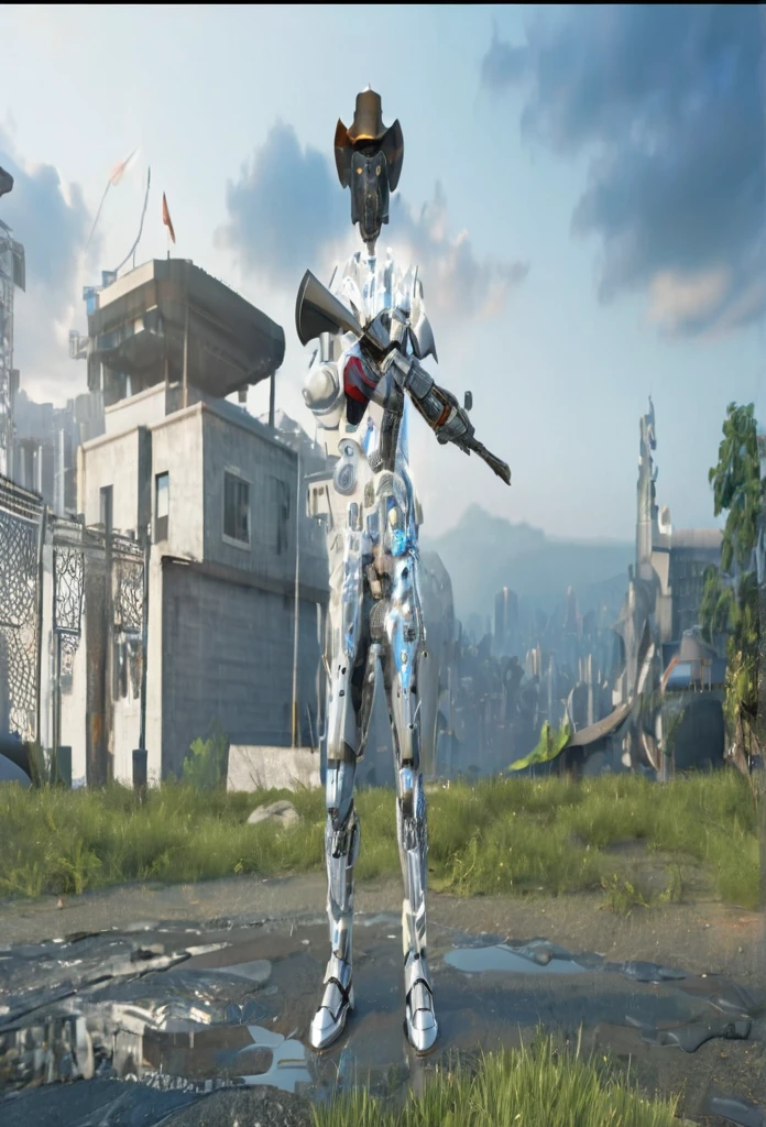 Full body image of a male high-tech knight with barbuda helmet, full helmet, slim, tight-fitting, biomechanical, intricate details, segmented chest plates, gray armor, sleek armor, reflective surface, aerodynamic, tech undersuit. highly detailed, hyper detailed, photorealistic, ultra detailed, masterpiece, best quality, 8k. city street background, daytime , (red eyes), hands relaxed,  open hands,   blue cape. (highres:1.3) (4k,8k,best quality, masterpiece), full-body image, volumetric lighting, lens flare.
