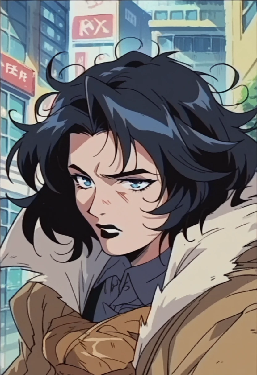 beautyful woman, detective black overcoat, black hair, messy hair, blue eyes, black lipstick, city