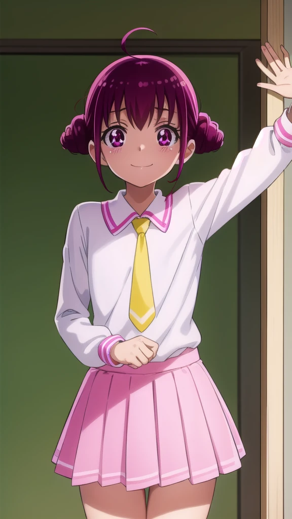 miyukihoshizora, Miyuki Hoshizora, short hair, pink hair, bow, hair bow, (pink eyes:1.3), hair bun, double hair bun, ahoge, yellow bow, smile,
BREAK , necktie, pink necktie, nanairogaoka middle , long sleeves, skirt, blue skirt,
BREAK indoors,classroom,
BREAK looking at viewer, dynamic pose,
BREAK (masterpiece:1.2), best quality, high resolution, unity 8k wallpaper, (illustration:0.8), (beautiful detailed eyes:1.6), extremely detailed face, perfect lighting, extremely detailed CG, (perfect hands, perfect anatomy),mini skirt、Panties in full view