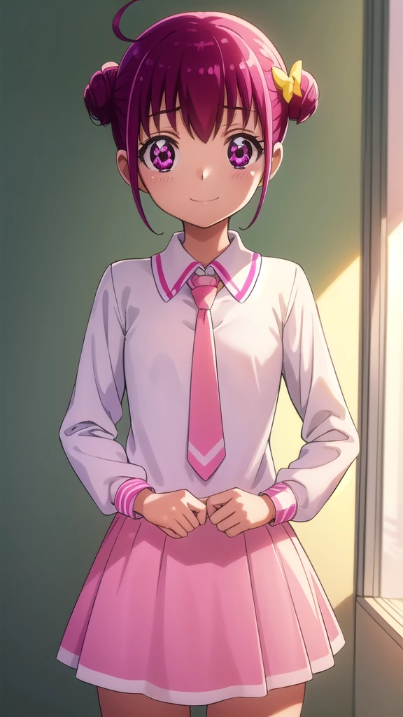 miyukihoshizora, Miyuki Hoshizora, short hair, pink hair, bow, hair bow, (pink eyes:1.3), hair bun, double hair bun, ahoge, yellow bow, smile,
BREAK , necktie, pink necktie, nanairogaoka middle , long sleeves, skirt, blue skirt,
BREAK indoors,classroom,
BREAK looking at viewer, dynamic pose,
BREAK (masterpiece:1.2), best quality, high resolution, unity 8k wallpaper, (illustration:0.8), (beautiful detailed eyes:1.6), extremely detailed face, perfect lighting, extremely detailed CG, (perfect hands, perfect anatomy),mini skirt、Panties in full view