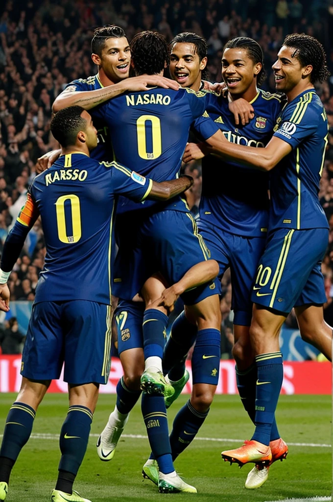 Cristiano Ronaldo,Ronaldo Nasario,Ronaldiño gaucho and Leonel Messi celebrating a goal
