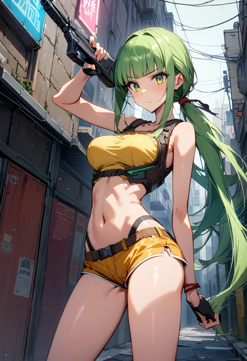 Action Sceneasterpiece,Highest quality:1.3)),cowboy shot,1woman,30 year old beauty、Investigator、独奏,(very small head:1.3),green hair,(low ponytail),long hair,blunt bangs,green eyes,gorgeous eyes,Serious expression、medium breasts,(very long body:1.2),(toned body,slender body,skinny),gleaming skin,shiny skin,oily skin,Yellow tube top shirt、navel、Yellow micro shorts、hold a gun in one hand、((Shoot a gun)),Run、Tracking、Alley、Metropolis,neon、World of Blade Runner、