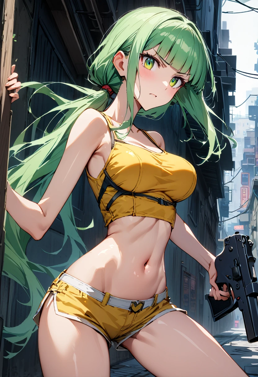 Action Sceneasterpiece,Highest quality:1.3)),cowboy shot,1woman,30 year old beauty、Investigator、独奏,(very small head:1.3),green hair,(low ponytail),long hair,blunt bangs,green eyes,gorgeous eyes,Serious expression、medium breasts,(very long body:1.2),(toned body,slender body,skinny),gleaming skin,shiny skin,oily skin,Yellow tube top shirt、navel、Yellow micro shorts、hold a gun in one hand、((Shoot a gun)),Run、Tracking、Alley、Metropolis,neon、World of Blade Runner、