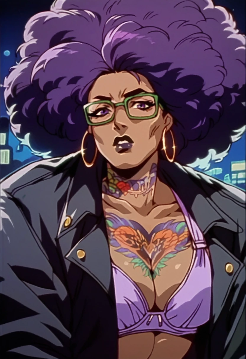beautyful brown woman, brown skin, black skin, huge full afro purple hair, black lipstick, full lips, purple bra, purple eyes, black motorcyclist jacket, hoop earring, green glasses, dragon tattoo, night, encorped body