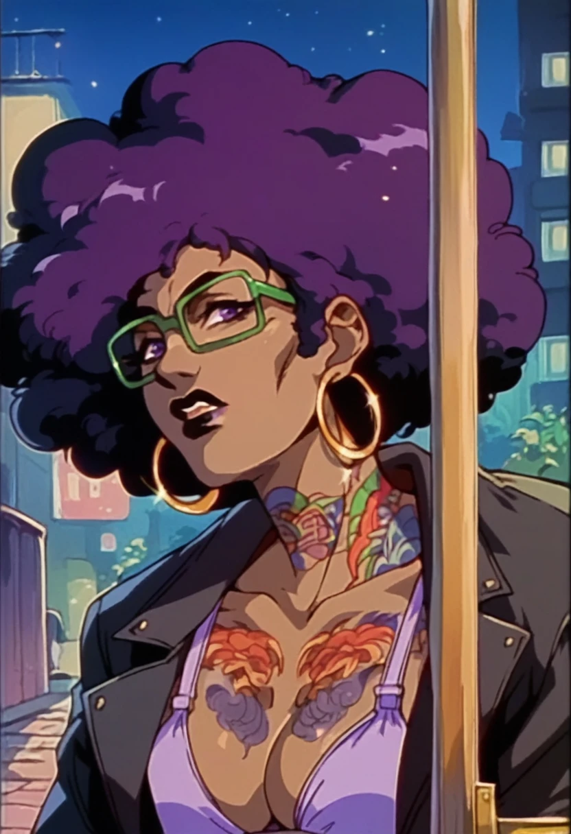 beautyful brown woman, brown skin, black skin, huge full afro purple hair, black lipstick, full lips, purple bra, purple eyes, black motorcyclist jacket, hoop earring, green glasses, dragon tattoo, night, encorped body