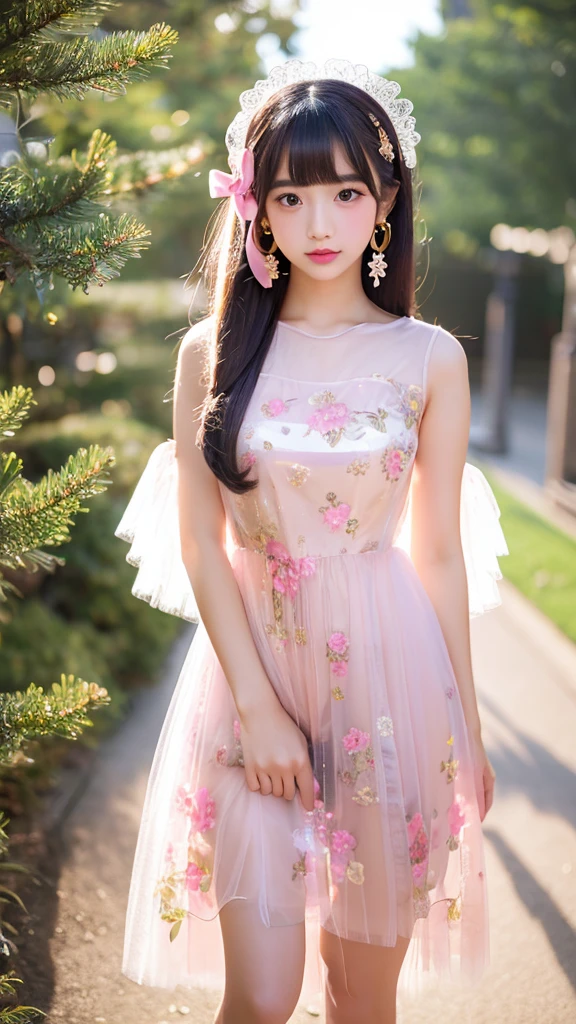 a young asian girl, full body, wearing a transparent pink golden lolita dresses, big ribbon ornament on hair, floral earrings, a penis penetration on vagina,