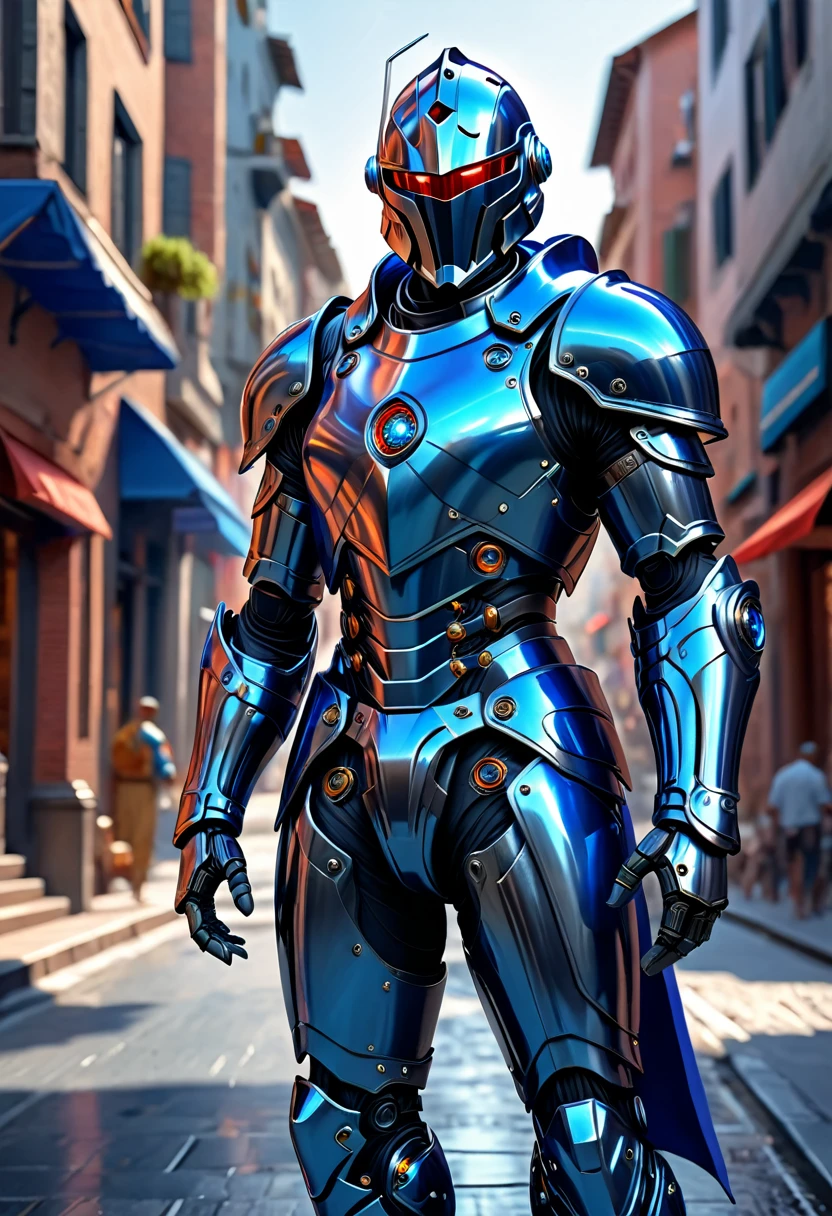 Full body image of a male high-tech knight with barbuda helmet, full helmet, slim, tight-fitting, biomechanical, intricate details, segmented chest plates, gray armor with blue gauntlets blue boots and blue chest piece, sleek armor, reflective surface, aerodynamic, tech undersuit. highly detailed, hyper detailed, photorealistic, ultra detailed, masterpiece, best quality, 8k. city street background, daytime , (red eyes), hands relaxed, open hands, blue cape. (highres:1.3) (4k,8k,best quality, masterpiece), full-body image, volumetric lighting, lens flare.