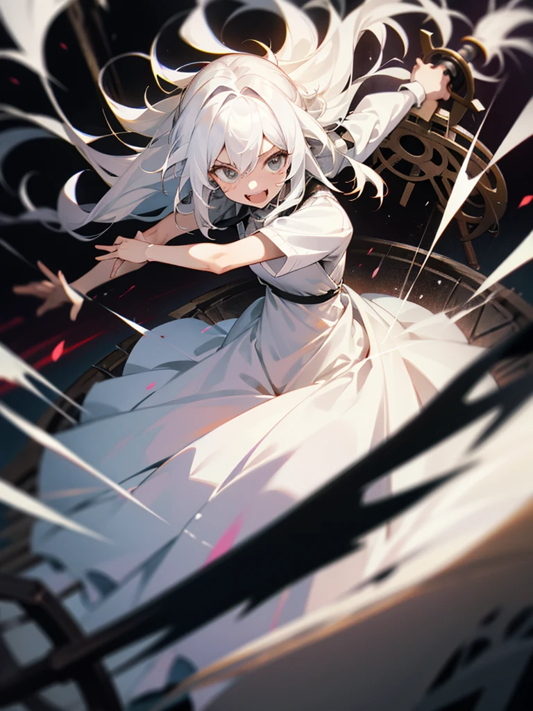 Girl, Extreme Hair, Messy hair, White Hair, Crazy expression, Psycho, Holding a Breaking Wheel, Laughing, White Dress