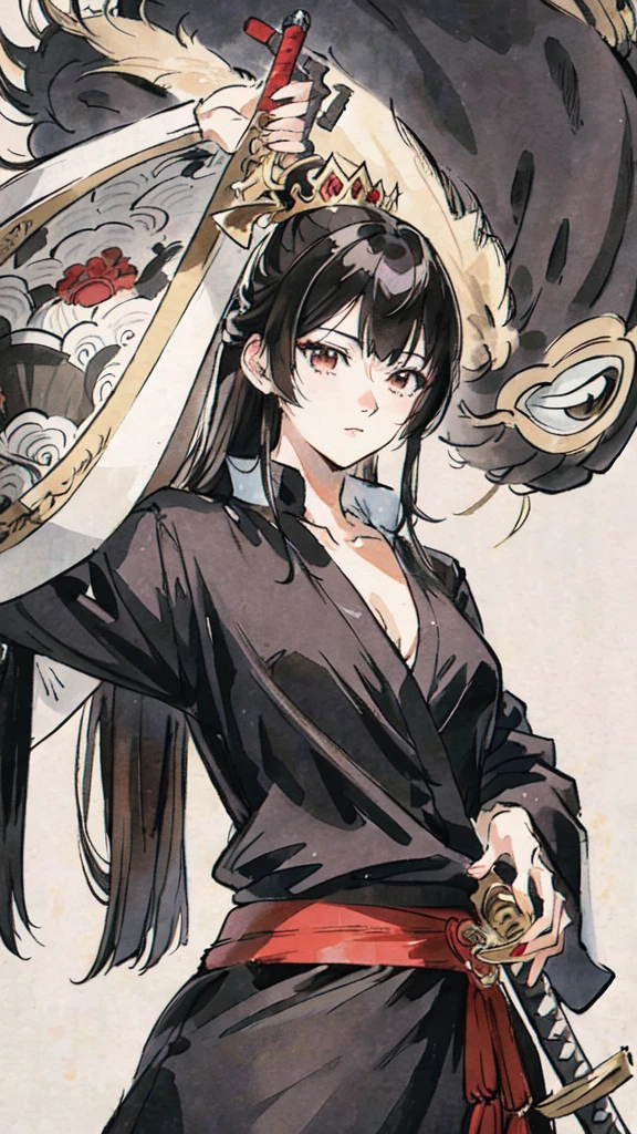  a woman with long hair and a sword, detailed anime art, Detailed art from the main anime, intricate manga drawing, the Queen of Blades, hyper detailed manga drawing, high detailed official artwork, stunning manga art style, trends on artstation pixiv, detailed anime artwork, Queen of Blades, clean detailed anime art, black and white manga style